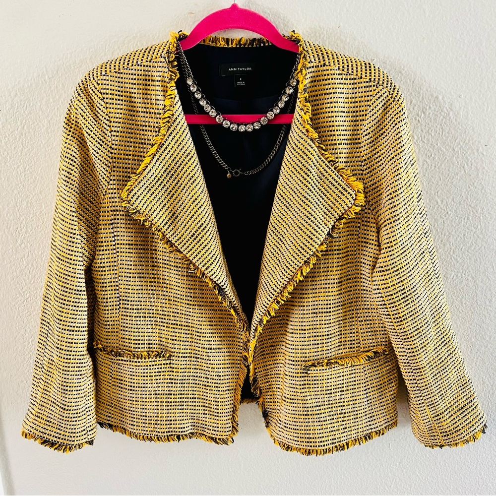 ANN TAYLOR Yellow Navy Tweed Blazer Jacket